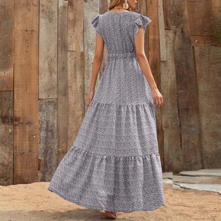 Vestido Bohemio con Escote en V y Estampado Floral con Mangas Cortas | Ideal para el Verano
