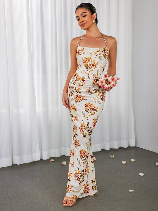 Vestido Corto de Halter con Estampado Floral y Detalles Fruncidos – Ideal para Verano