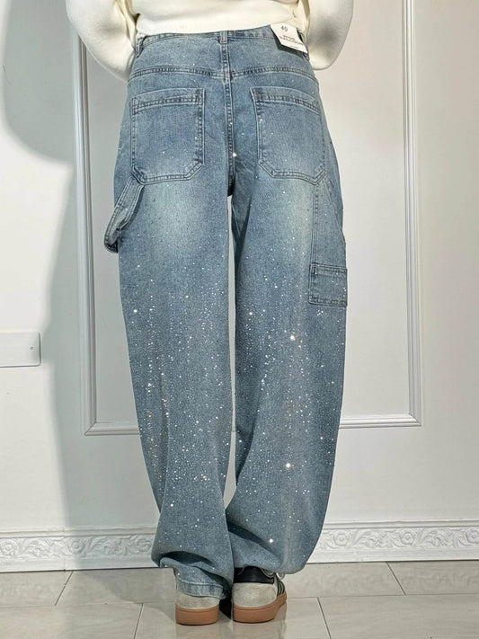 Jeans globo de pierna ancha con detalles de diamantes de imitación I Ideal para primavera y otoño