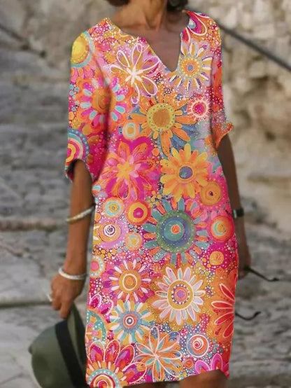 Vestido Floral con Escote en V y Mangas Cortas para Mujer | Ideal para el Verano