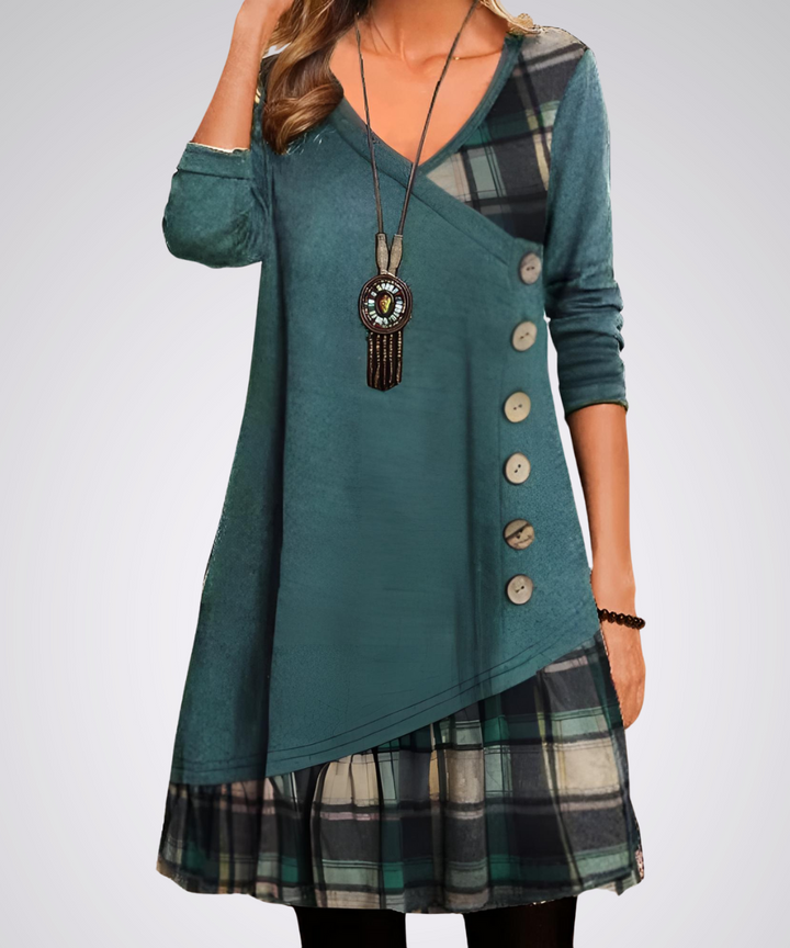 Vestido Vintage Midi de Manga Larga con Escote en V | Ideal para Primavera y Otoño