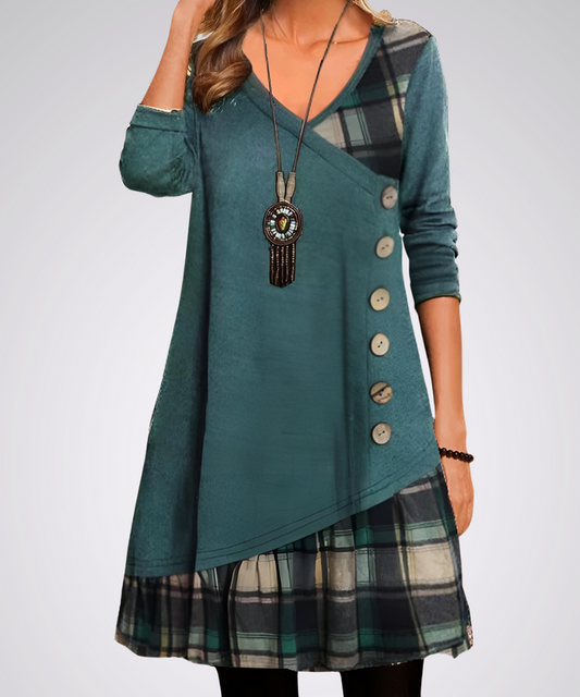 Vestido Vintage Midi de Manga Larga con Escote en V | Ideal para Primavera y Otoño