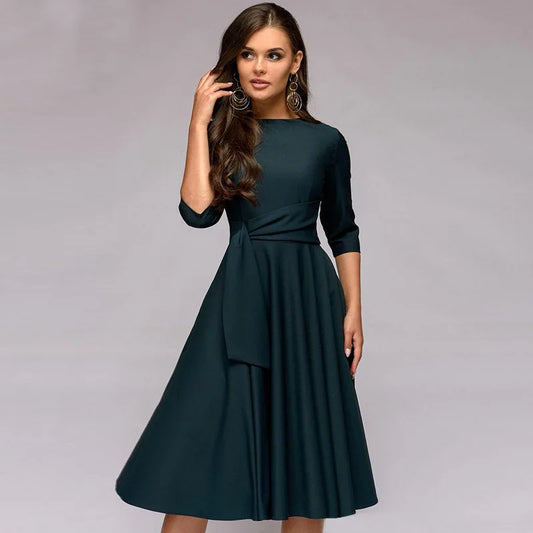 Vestido Midi Acampanado con Cinturón en la Cintura y Mangas Tres Cuartos | Ideal para Primavera y Otoño
