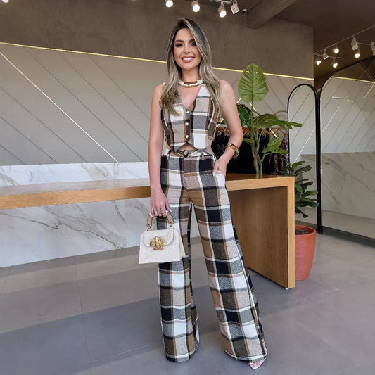 Chaqueta sin mangas a cuadros y conjunto de pantalones rectos | Ideal para otoño y primavera