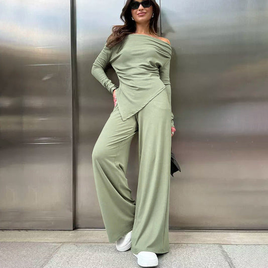 Conjunto de Top Ajustado con Cuello Caído y Cintura Alta y Pantalones | Ideal para Todas las Estaciones