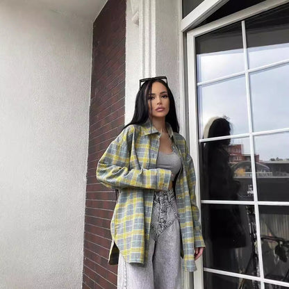 Camisa de Cárdigan de Cuadros Retro para Mujer con Solapa, de Manga Larga y Corte Suelto | Ideal para Primavera y Otoño