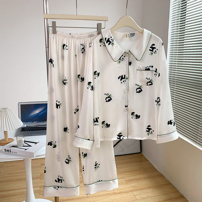 Conjunto de Pijama de Seda Helada Estampado para Mujeres con Cárdigan de Solapa de Manga Larga | Ideal para el Verano