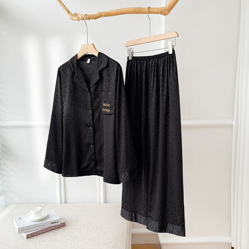 Conjunto de Pijama de Seda Helada Estampado para Mujeres con Cárdigan de Solapa de Manga Larga | Ideal para el Verano