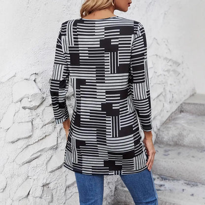 Blusa de Cuello Redondo de Manga Larga con Rayas y Cuadros para Mujer | Ideal para Primavera y Otoño