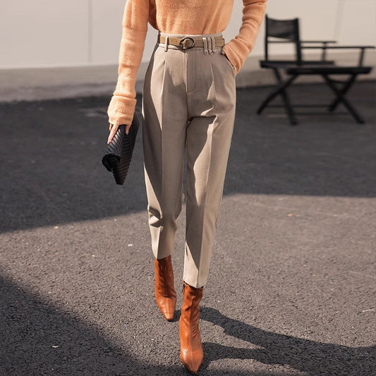 Pantalones Harem Cortos de Tiro Alto y Pierna Recta para Temporadas Frías