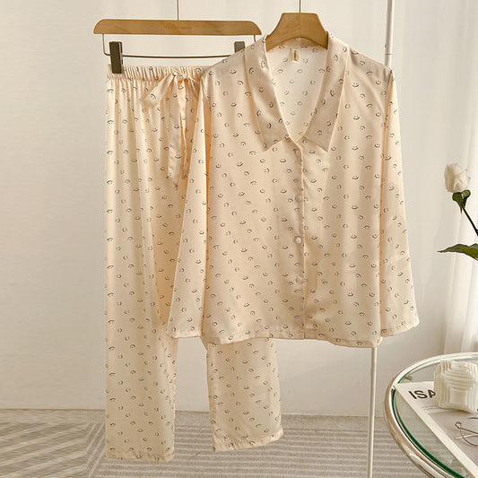 Conjunto de Pijama de Seda Helada Estampado para Mujeres con Cárdigan de Solapa de Manga Larga | Ideal para el Verano