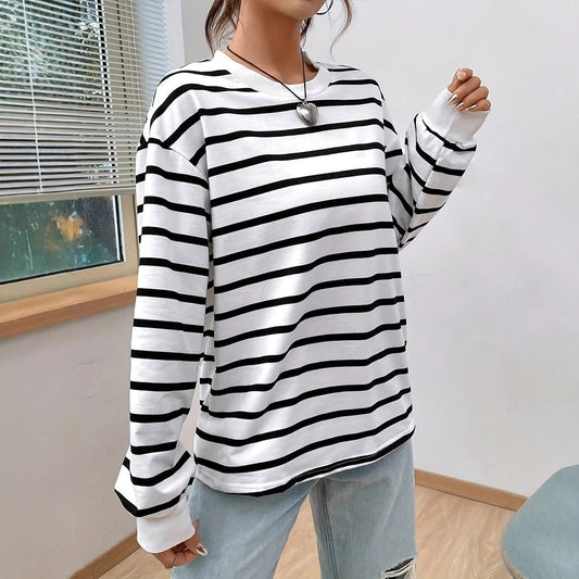 Camiseta de Manga Larga Ajuste Holgado con Cuello Redondo y Rayas | Ideal para Primavera y Otoño