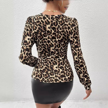 Blusa de Punto con Estampado de Leopardo y Encaje de Manga Larga | Ideal para Otoño e Invierno