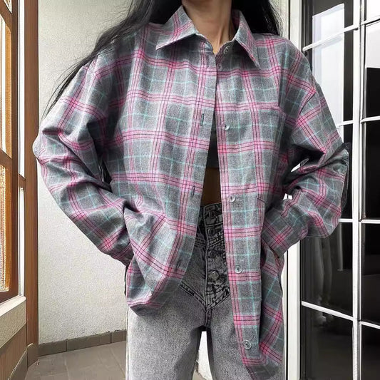Camisa de Cárdigan de Cuadros Retro para Mujer con Solapa, de Manga Larga y Corte Suelto | Ideal para Primavera y Otoño