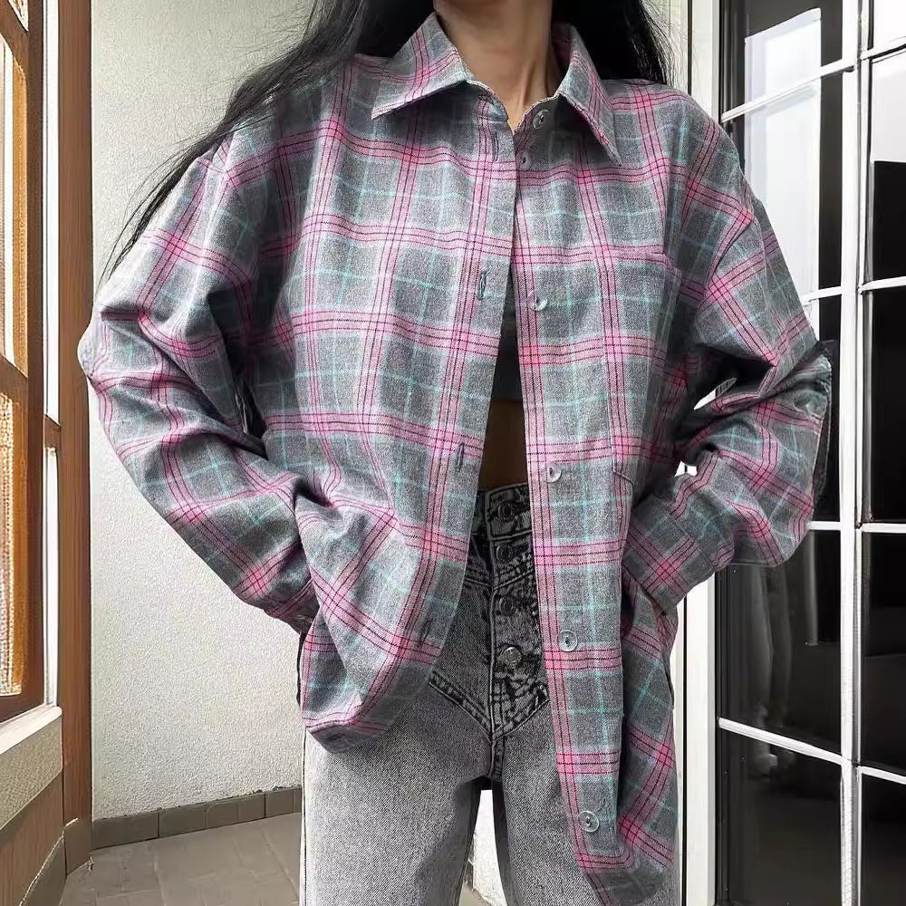 Camisa de Cárdigan de Cuadros Retro para Mujer con Solapa, de Manga Larga y Corte Suelto | Ideal para Primavera y Otoño
