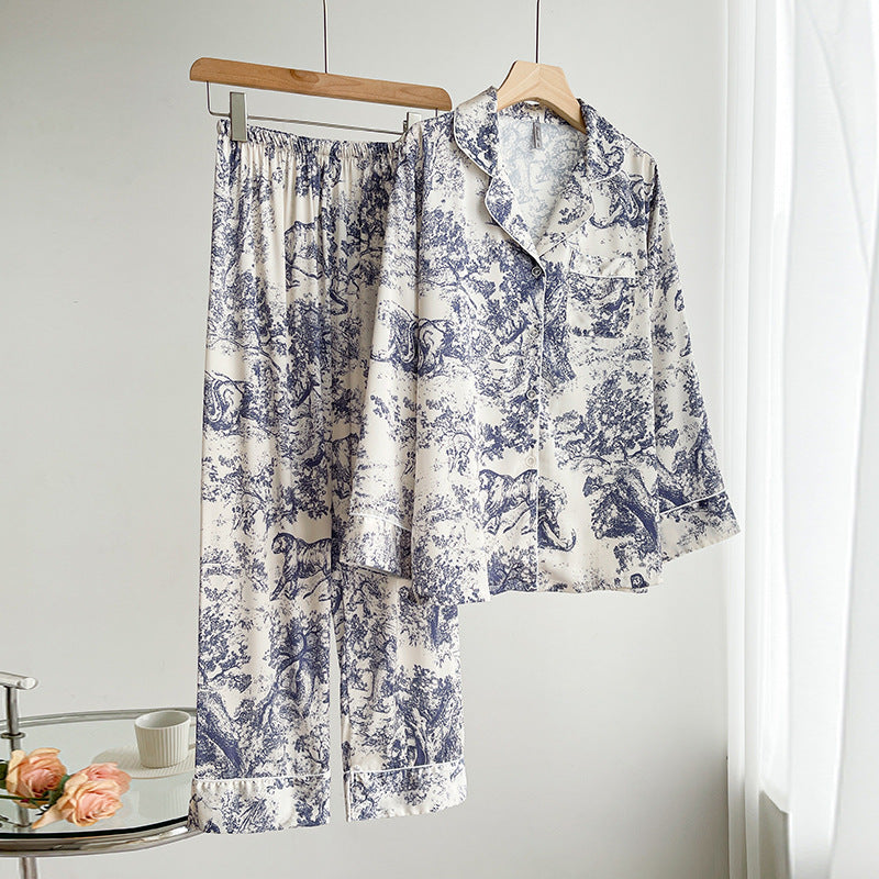 Conjunto de Pijama de Seda Helada Estampado para Mujeres con Cárdigan de Solapa de Manga Larga | Ideal para el Verano
