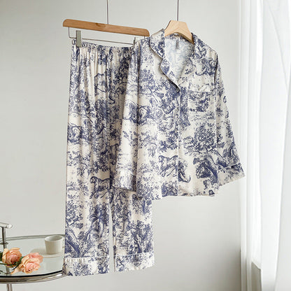 Conjunto de Pijama de Seda Helada Estampado para Mujeres con Cárdigan de Solapa de Manga Larga | Ideal para el Verano