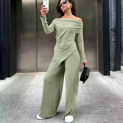 Conjunto de Top Ajustado con Cuello Caído y Cintura Alta y Pantalones | Ideal para Todas las Estaciones