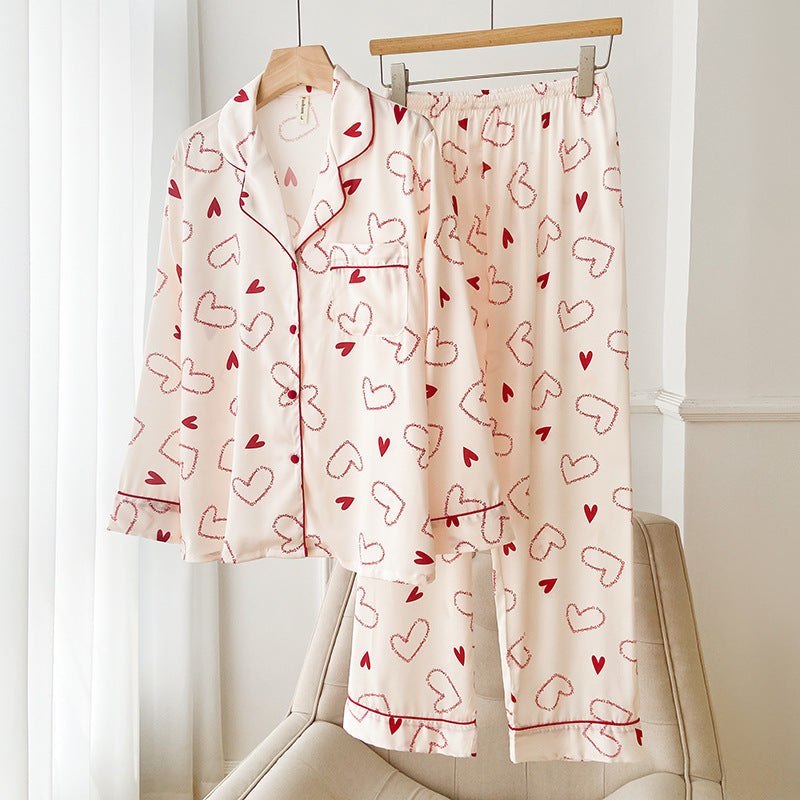 Conjunto de Pijama de Seda Helada Estampado para Mujeres con Cárdigan de Solapa de Manga Larga | Ideal para el Verano