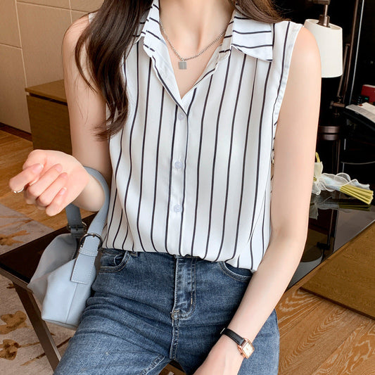 Camisa Sin Mangas de Chifón a Rayas para Mujeres con Solapa | Ideal para Verano