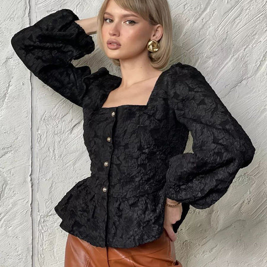 Blusa Jacquard de Cuello Cuadrado con Mangas Largas | Ideal para Primavera