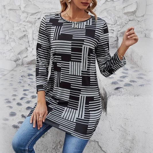 Blusa de Cuello Redondo de Manga Larga con Rayas y Cuadros para Mujer | Ideal para Primavera y Otoño