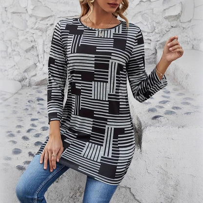 Blusa de Cuello Redondo de Manga Larga con Rayas y Cuadros para Mujer | Ideal para Primavera y Otoño