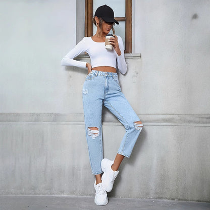 Jeans Denim Rotos Holgados de Tiro Alto Rectos | Ideales para Todas las Temporadas