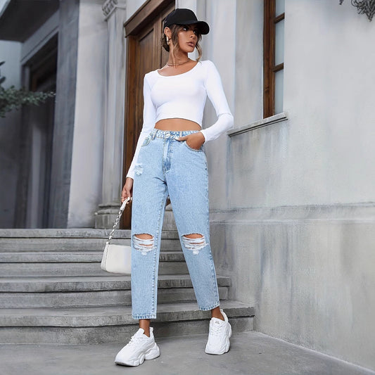 Jeans Denim Rotos Holgados de Tiro Alto Rectos | Ideales para Todas las Temporadas
