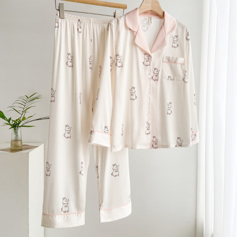 Conjunto de Pijama de Seda Helada Estampado para Mujeres con Cárdigan de Solapa de Manga Larga | Ideal para el Verano