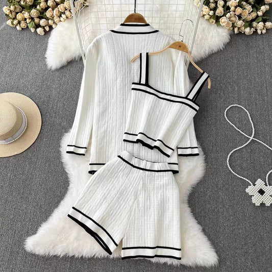 Conjunto de Cardigán de Punto con Cuello en V en Contraste – Juego de Tres Piezas | Ideal para Primavera