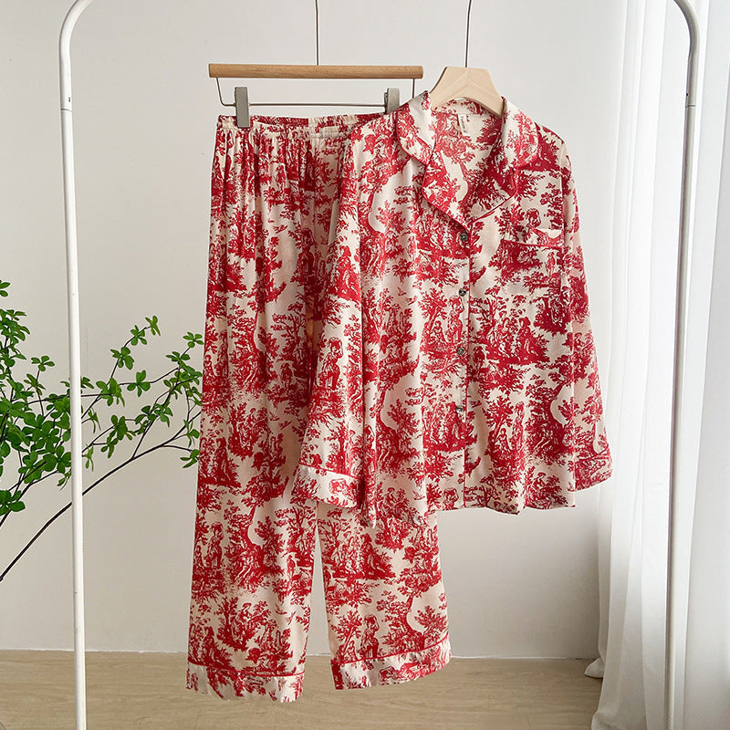 Conjunto de Pijama de Seda Helada Estampado para Mujeres con Cárdigan de Solapa de Manga Larga | Ideal para el Verano