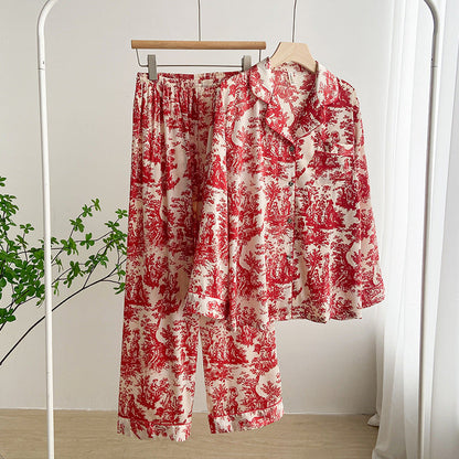 Conjunto de Pijama de Seda Helada Estampado para Mujeres con Cárdigan de Solapa de Manga Larga | Ideal para el Verano