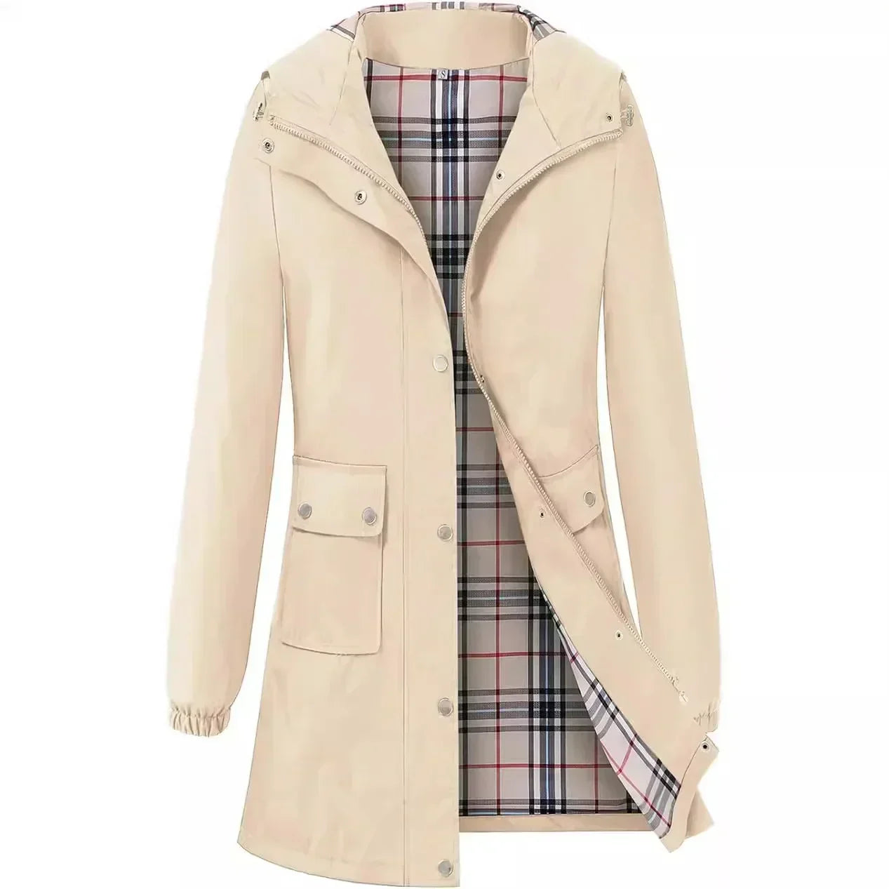 Abrigo Impermeable con Capucha y Forro a Cuadros | Ideal para Primavera y Otoño