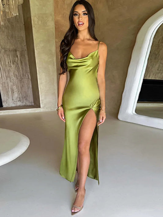 Vestido Largo de Satén con Espalda Descubierta y Tirantes Finos | Ideal para Primavera y Verano