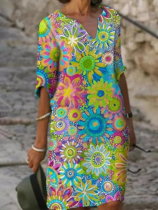 Vestido Floral con Escote en V y Mangas Cortas para Mujer | Ideal para el Verano