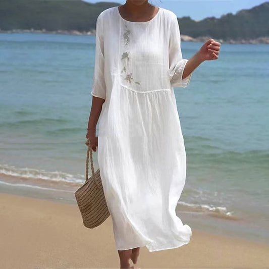 Vestido midi blanco ligero con corte sin mangas y dobladillo flare | Ideal para verano