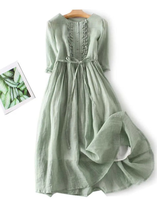 Vestido midi de lino con detalles boho y tejido transpirable | Ideal para verano