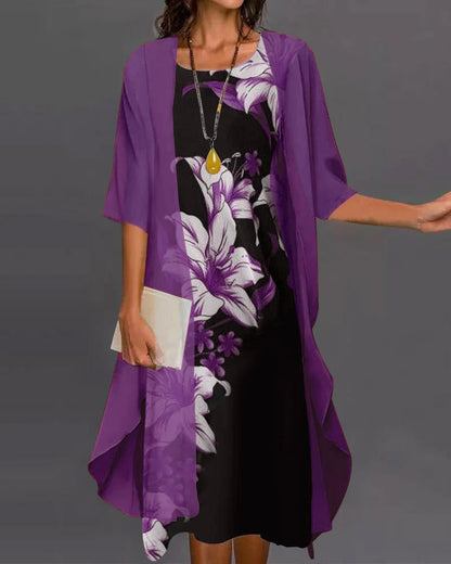Vestido Floral de Dos Piezas con Manga Media y Dobladillo Asimétrico | Ideal para Primavera y Verano
