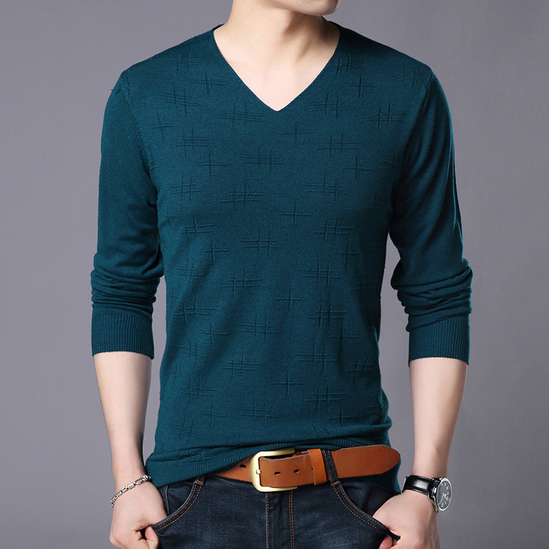 Suéter de Cuello en V Ajustado y de Manga Larga para Hombres, Ideal para Primavera y Otoño
