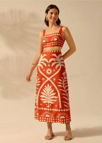 Conjunto de Top de Tirantes y Falda Larga con Estampado de Palmeras | Ideal para el Verano