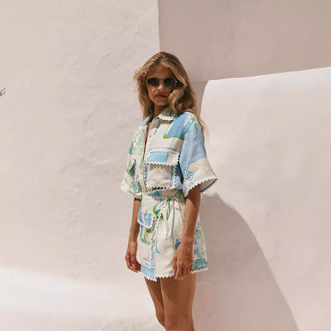 Conjunto de Dos Piezas en Algodón-Lino con Estampado de Encaje | Ideal para Primavera y Verano