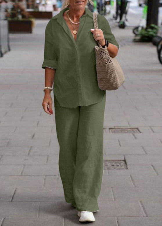 Conjunto de camisa de manga larga y pantalones de pierna ancha I Ideal para primavera y verano