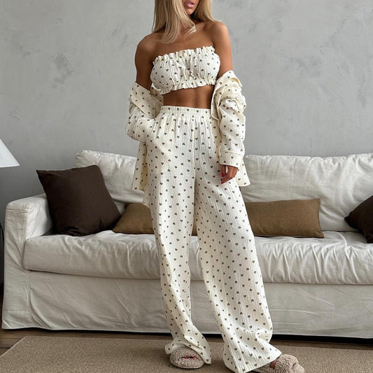 Conjunto de Pijama de Algodón con Estampado de Corazones, Top de Manga Larga y Pantalón | Ideal para Todas las Estaciones