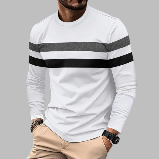 Camiseta de manga larga de cuello redondo para hombres con diseño de bloques de color, ideal para invierno, primavera y otoño