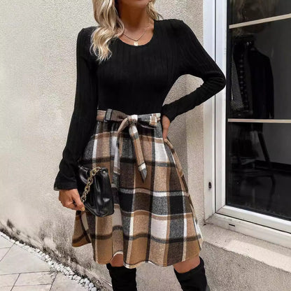 Vestido A-Line con Cordones y Cuadros de Punto, Mangas Largas | Ideal para Otoño e Invierno