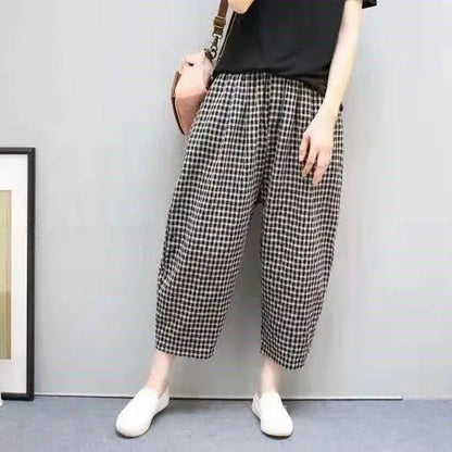 Pantalones Harem de Lino Algodón con Estampado Cuadros - Ideales para Todas las Estaciones