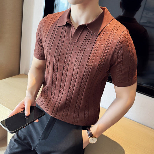 Camiseta de Punto Jacquard a Rayas con Cuello en V – Ideal para Verano