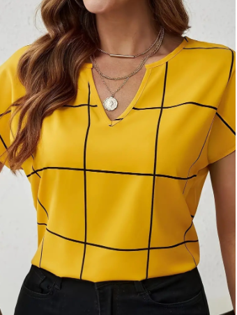 Blusa de Manga Corta con Cuello en V y Estampado de Cuadros | Ideal para Primavera y Verano