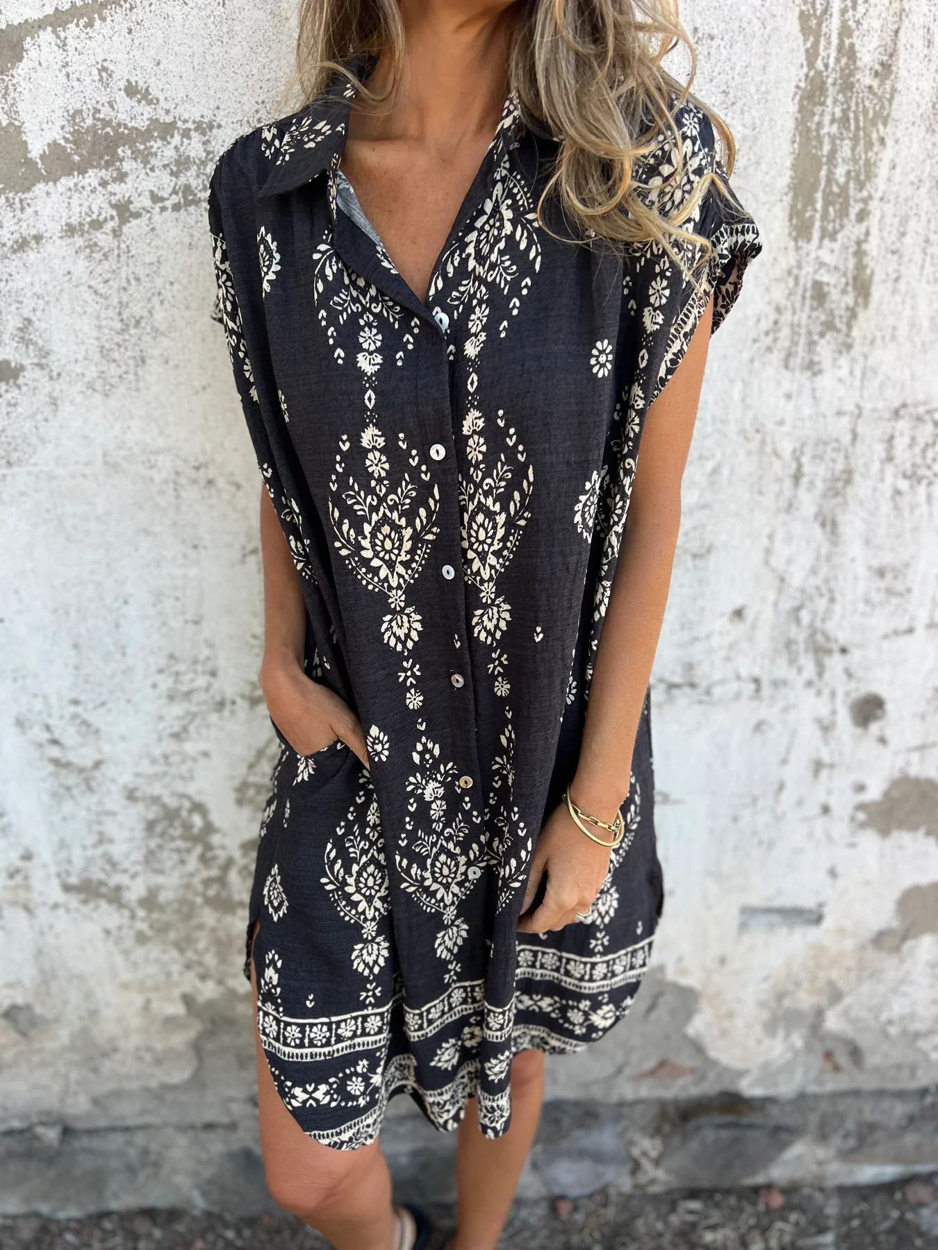 Vestido de Manga Corta de Lino y Algodón con Estampado y Bolsillos | Ideal para Primavera y Verano